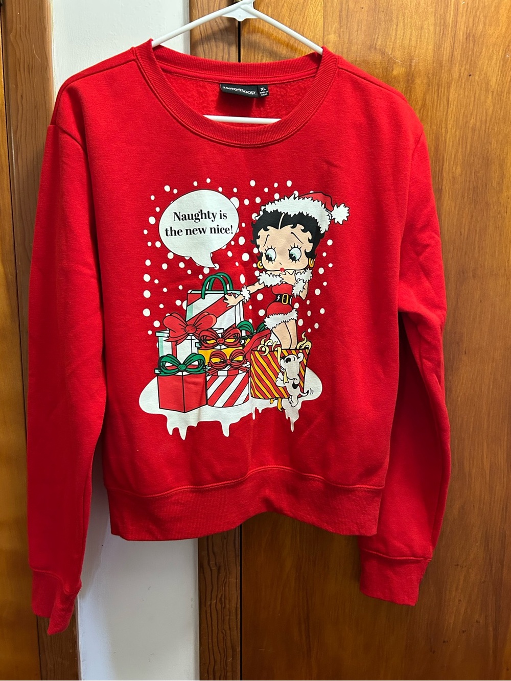 Betty Boop Red Holiday Sweatshirt with Festive Gift Graphic